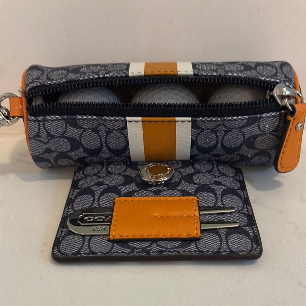 Coach Navy and Orange Golf Tee Holder and golf ball bag with 3 balls